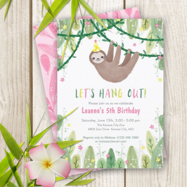 Sloth Birthday Party in Pink & Yellow Invitation (Super fun sloth birthday invitation)