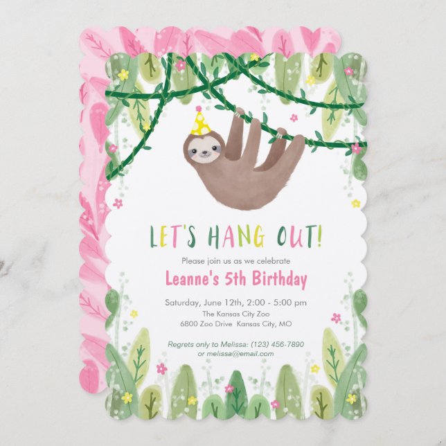 Sloth Birthday Party in Pink & Yellow Invitation (Front/Back)