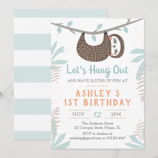Sloth Birthday Party Invitation (Front/Back)