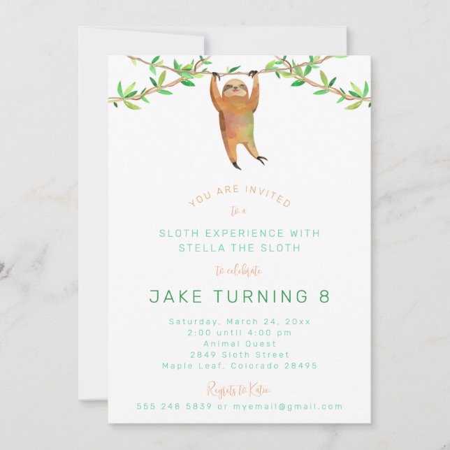 Sloth Birthday Party Invitation (Front)