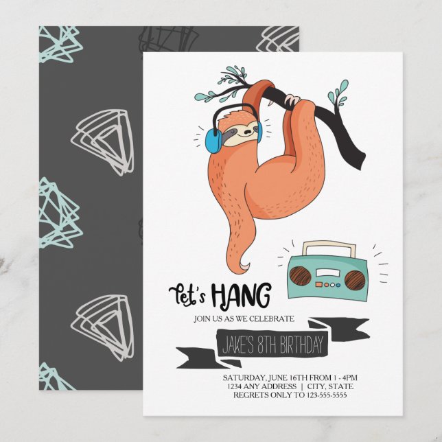 Sloth Birthday Party Invitation (Front/Back)