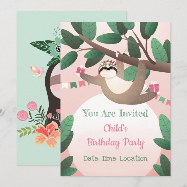 Sloth Birthday Party Invitation (Front/Back)