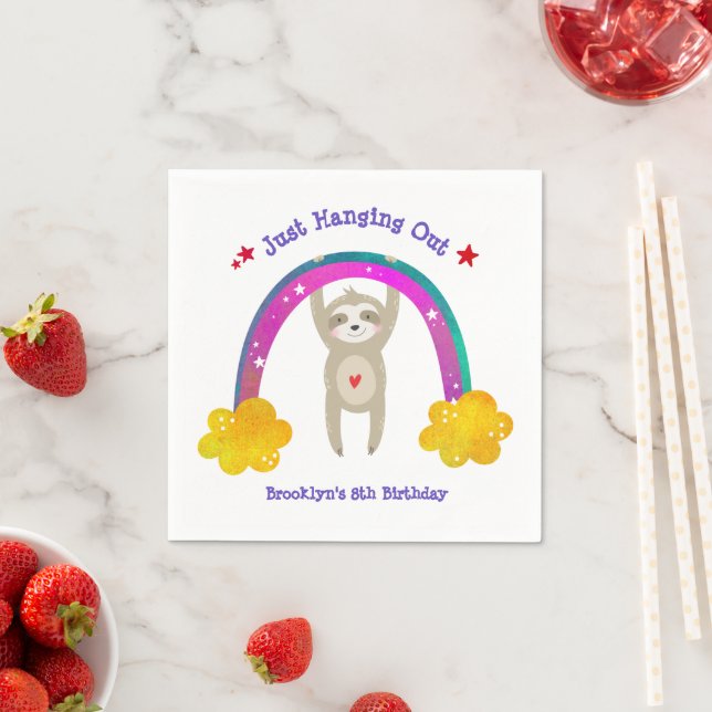 Sloth Boho Rainbow Birthday Cute Kawaii White Name Napkin (Insitu)
