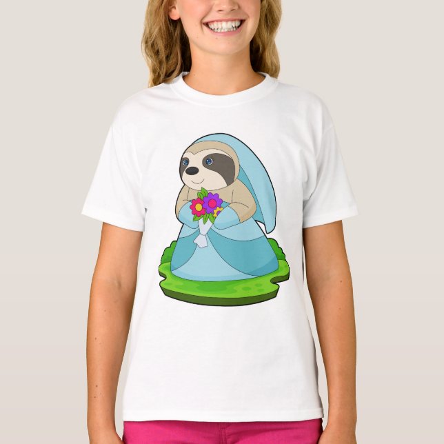 Sloth Bride Bunch of flowers Wedding T-Shirt (Front)
