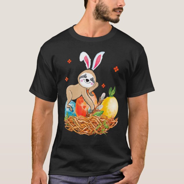 Sloth Bunny Easter Egg Funny Easter T-Shirt (Front)