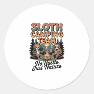 sloth camping team with nature classic round sticker
