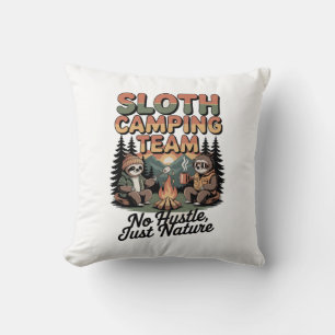 sloth camping team with nature cushion
