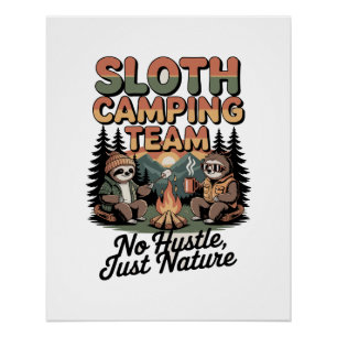 sloth camping team with nature poster