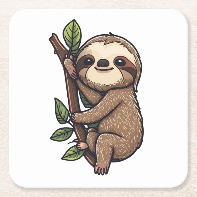 Sloth cartoon illustration square paper coaster (Front)