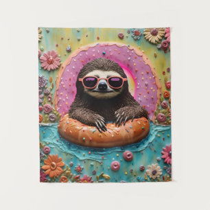 Sloth Chilling in a Floating Doughnut Funny Collag Tapestry