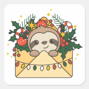 Sloth Christmas Letter Winter Animals Sloths Squar Square Sticker