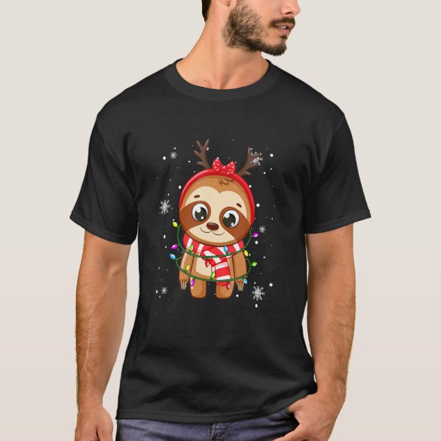 Sloth Christmas Lights Led  Santa Hat Christmas T-Shirt (Front)