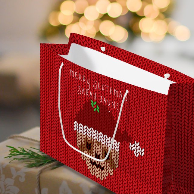 Sloth Christmas Merry Slothmas Name Red Holiday Large Gift Bag (Merry Slothmas! A fun and festive gift bag with space for your holiday message)