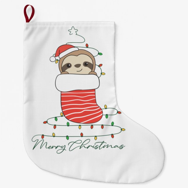 Sloth Christmas Snow Winter Animals Sloths Coffee  Large Christmas Stocking (Front)