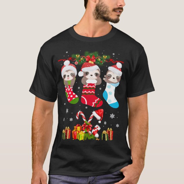 Sloth Christmas Sock Sloth Santa Hat Lights Xmas T T-Shirt (Front)