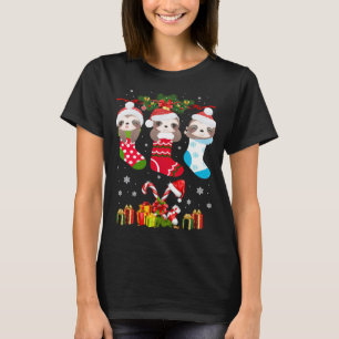 Sloth Christmas Sock Sloth Santa Hat Lights Xmas T T-Shirt