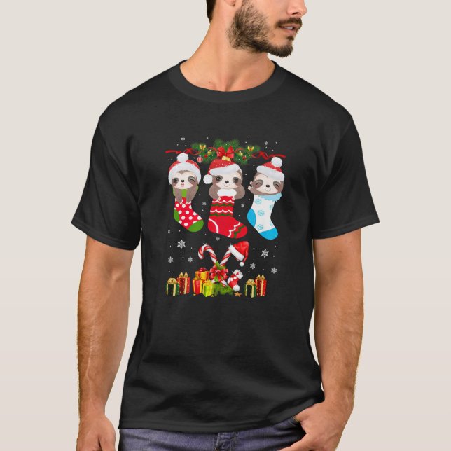 Sloth Christmas Sock Sloth Santa Hat Lights Xmas T T-Shirt (Front)