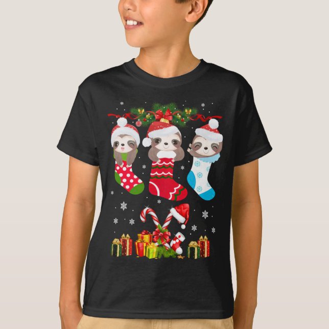 Sloth Christmas Sock Sloth Santa Hat Lights Xmas T T-Shirt (Front)