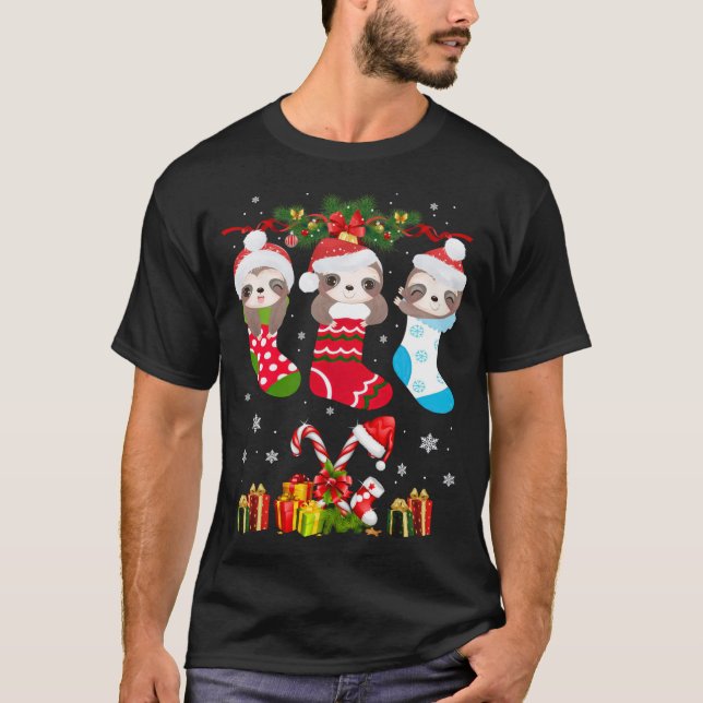 Sloth Christmas Sock Sloth Santa Hat Lights Xmas T T-Shirt (Front)