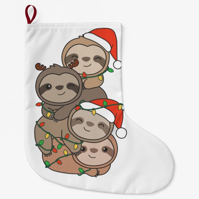 Sloth Christmas Tree Christmas Animals Sloths Large Christmas Stocking (Front)