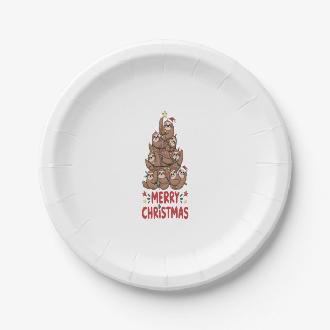 Sloth Christmas Tree Merry Holiday Paper Plate (Front)