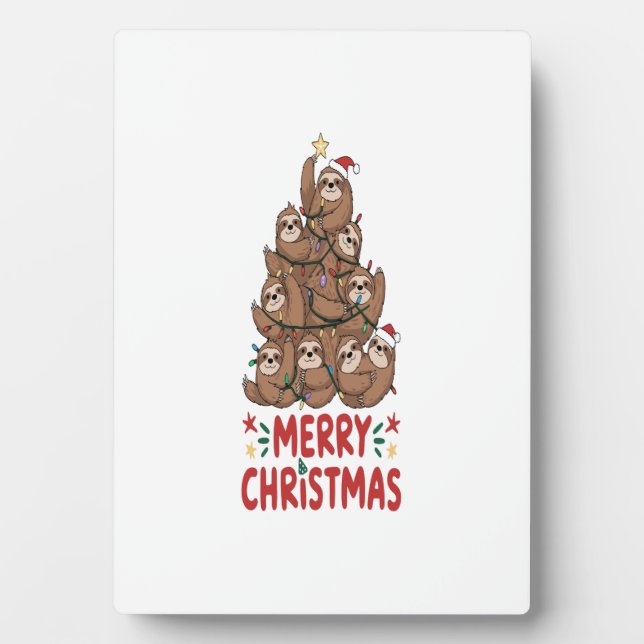 Sloth Christmas Tree Merry Holiday Plaque (Front)