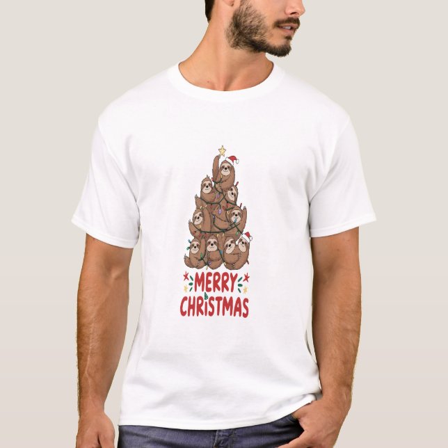 Sloth Christmas Tree Merry Holiday T-Shirt (Front)