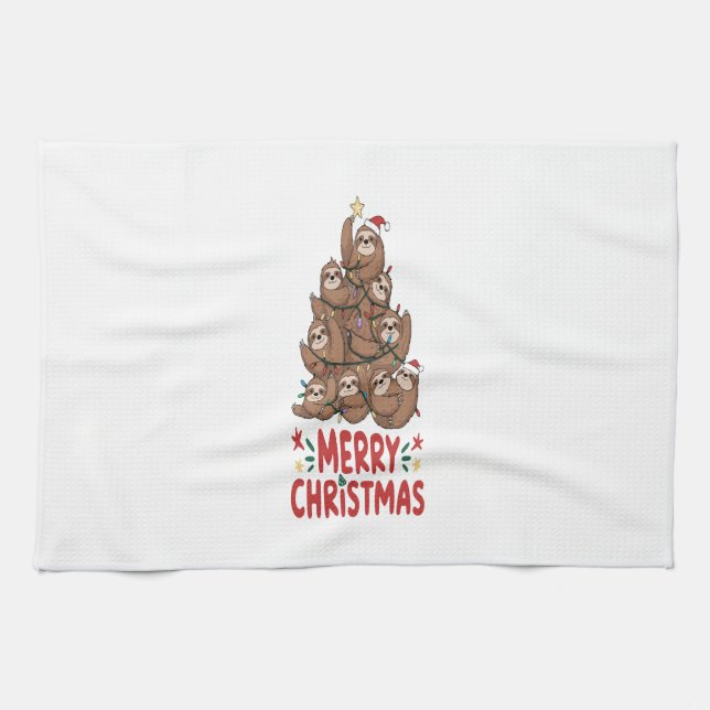 Sloth Christmas Tree Merry Holiday Tea Towel (Horizontal)