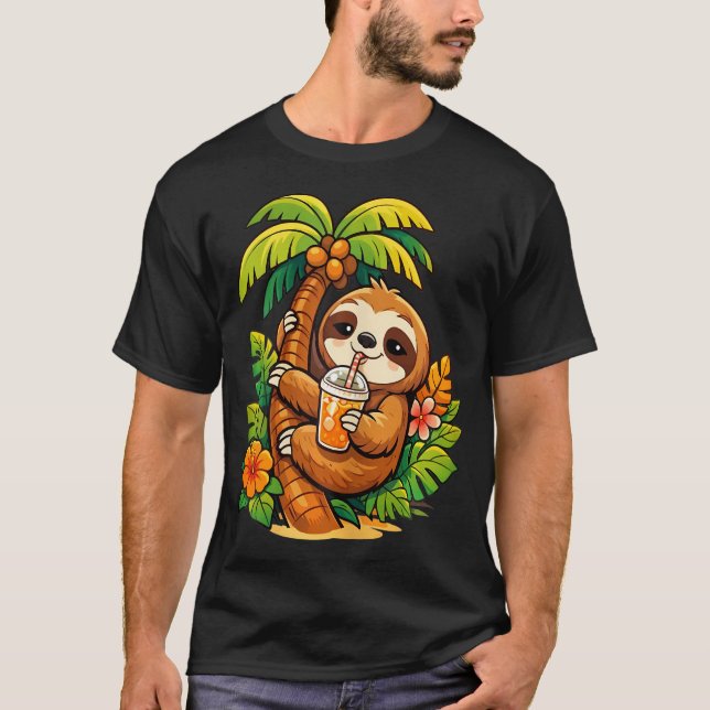Sloth Climbing Palm Tree Drinking Orange T-Shirt (Front)
