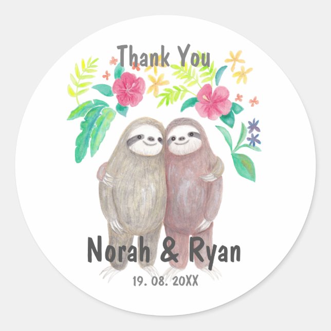 Sloth Couple Tropical Unique Custom Wedding Favour Classic Round Sticker (Front)