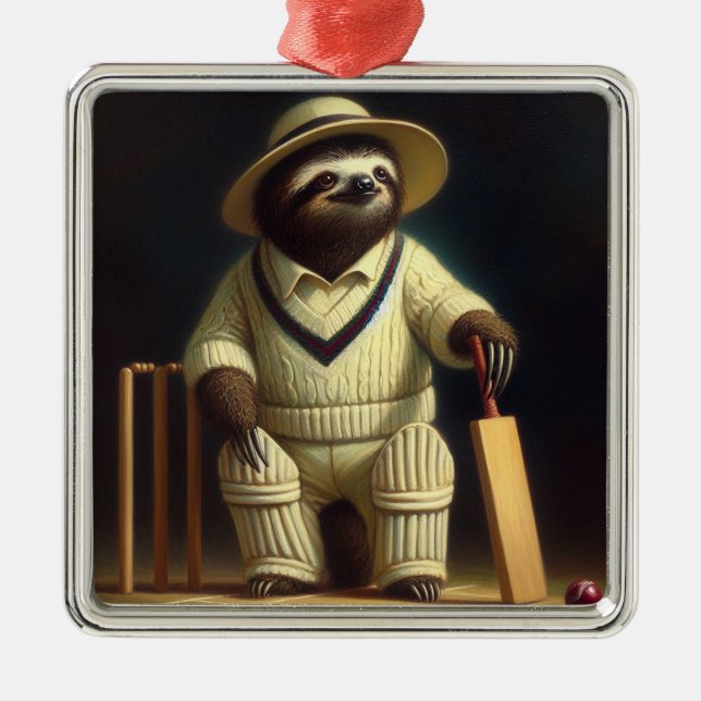 Sloth Cricket Player Metal Tree Decoration (Front)