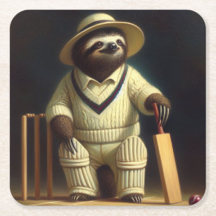 Sloth Cricket Player Square Paper Coaster
