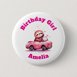 Sloth Driving a Pink Convertible Birthday Girl 6 Cm Round Badge