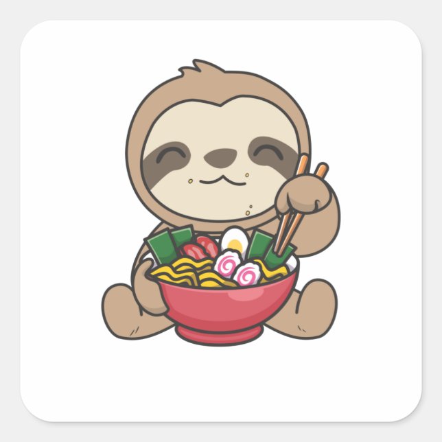 Sloth Eat Ramen Cute Kawaii Noodle Sloth Square Sticker (Front)