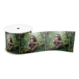 Sloth Eating a Rainbow Ice Cream Cone Satin Ribbon