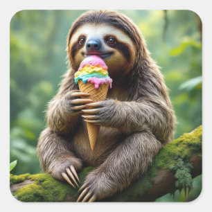 Sloth Eating a Rainbow Ice Cream Cone Square Sticker