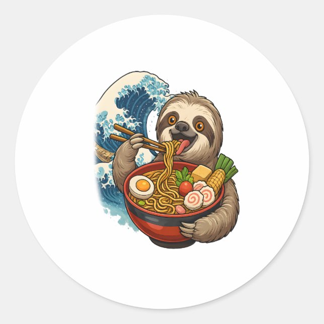 Sloth Eating Japanese Ramen Classic Round Sticker (Front)