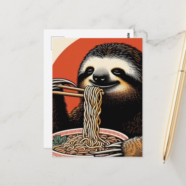 Sloth Eating Ramen Woodblock Print Postcard (Front/Back In Situ)