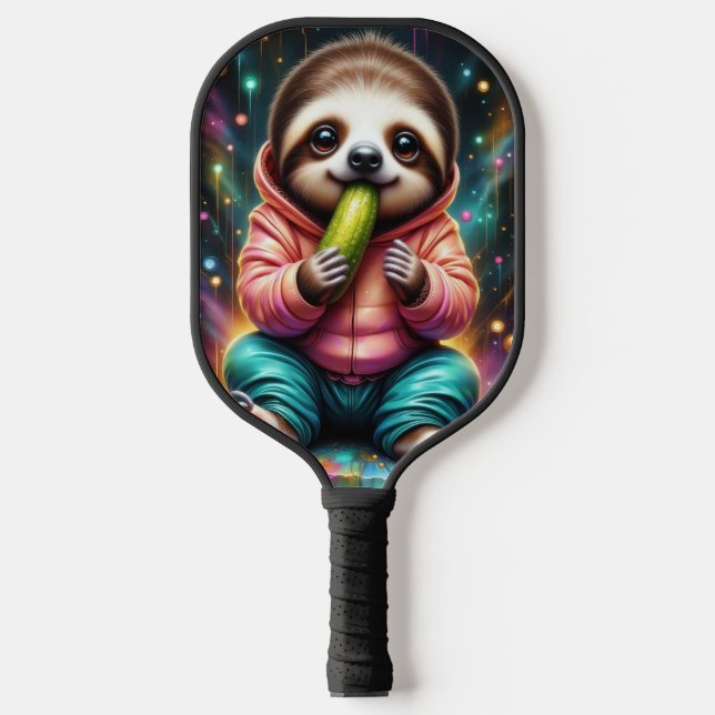 sloth eats a pickle cute cartoon pickleball paddle (Front)