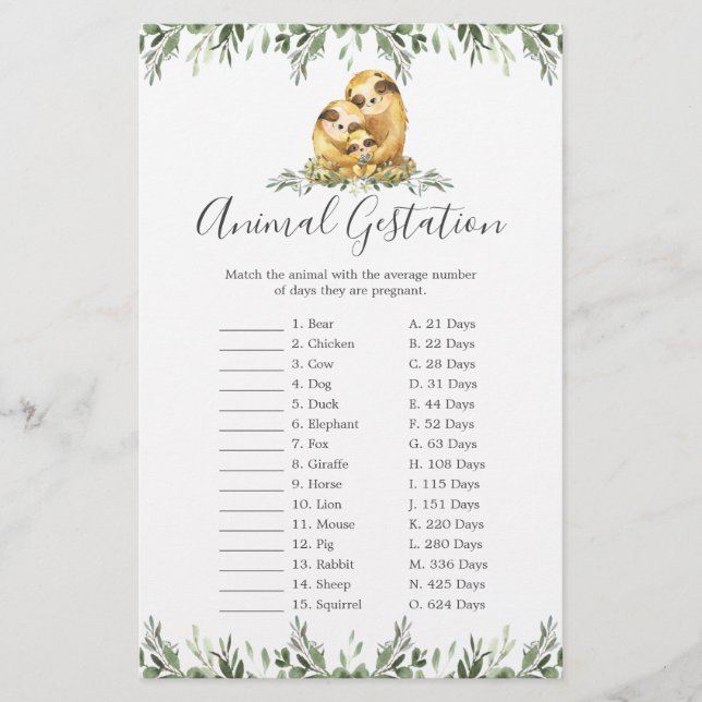 Sloth Family Baby Shower Animal Gestation Game (Front)