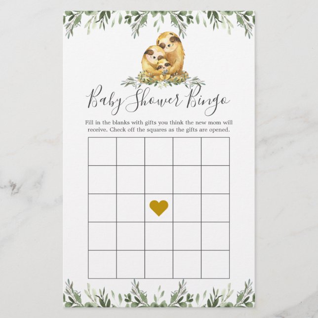 Sloth Family Baby Shower Bingo Game (Front)