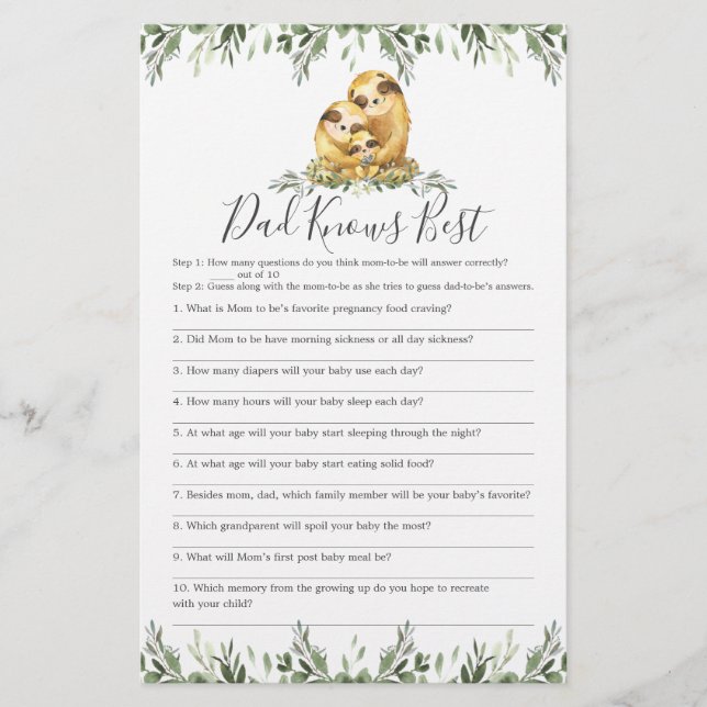 Sloth Family Baby Shower Dad Knows Best Game (Front)