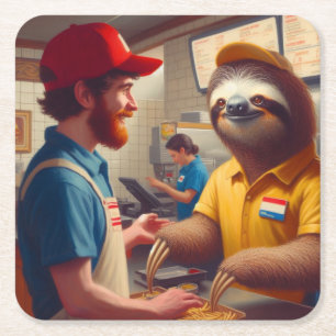 Sloth Fast Food Worker Square Paper Coaster