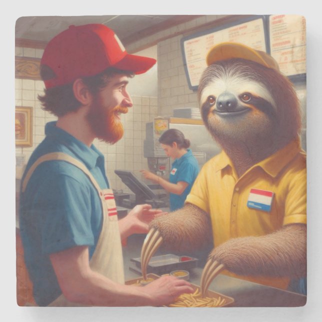 Sloth Fast Food Worker Stone Coaster (Front)