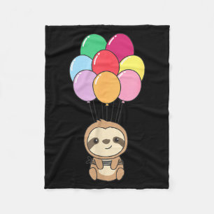 Sloth Flies Up With Colorful Balloons Kawaii Sloth Fleece Blanket