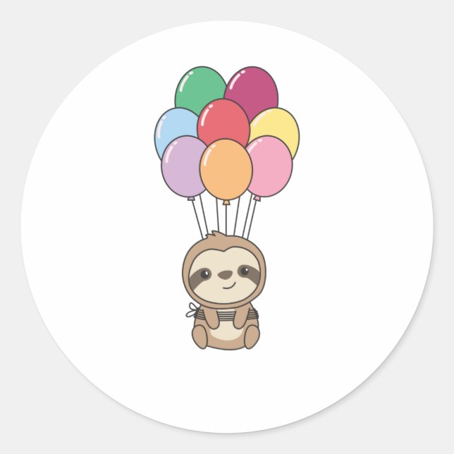 Sloth Flies Up With Colourful Balloons Classic Round Sticker (Front)