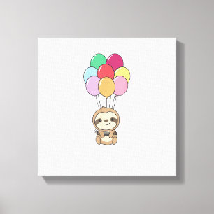 Sloth Flies Up with Colourful Balloons Kawaii Slot Canvas Print
