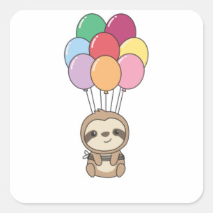 Sloth Flies Up With Colourful Balloons Square Sticker