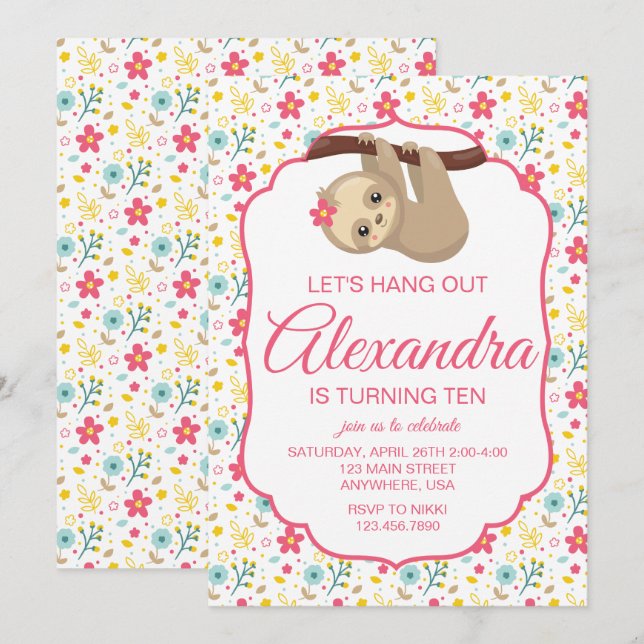 Sloth floral birthday invitation (Front/Back)
