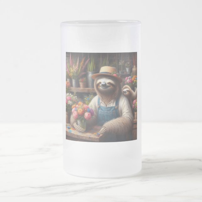Sloth Florist Frosted Glass Beer Mug (Center)